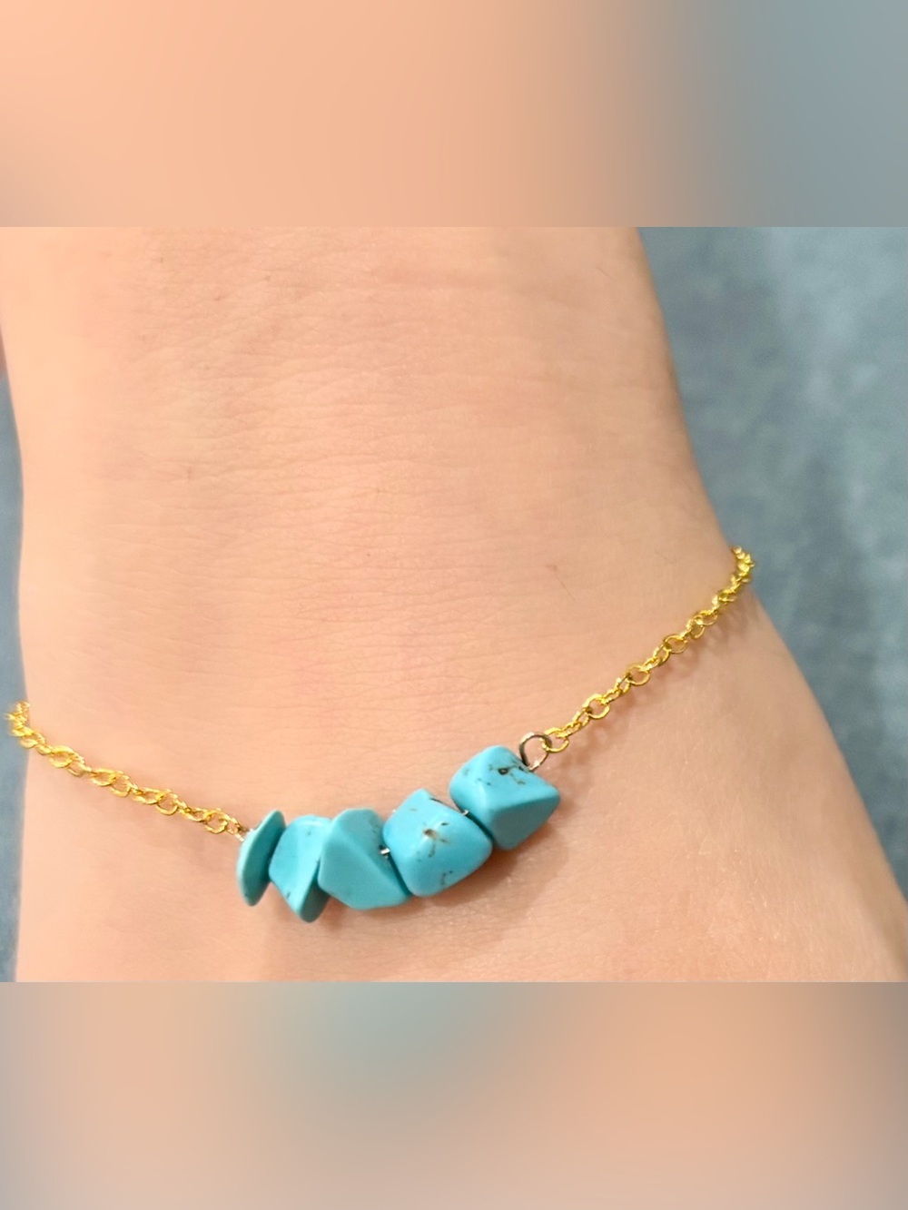 Handmade Natural Turquoise Chips Bracelet on 7.5” Long Dainty Golden Chain